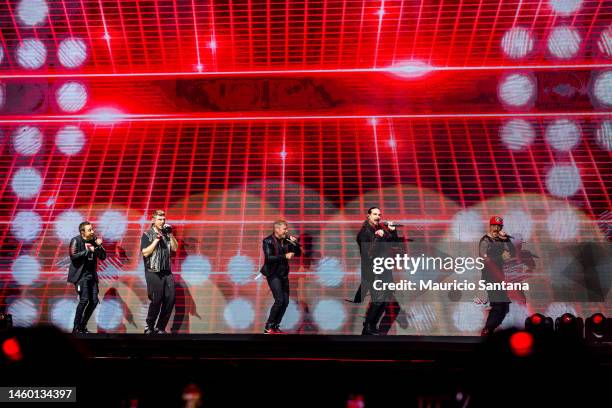 McLean, Howie Dorough, Nick Carter, Kevin Richardson and Brian Littrell of Backstreet Boys performs during the DNA World Tour 2023 at Allianz Parque...