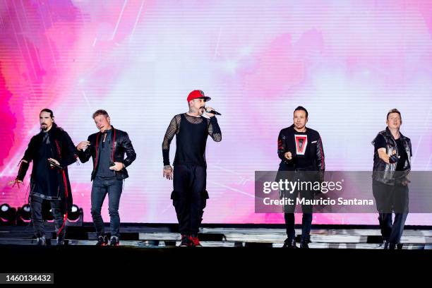 McLean, Howie Dorough, Nick Carter, Kevin Richardson and Brian Littrell of Backstreet Boys performs during the DNA World Tour 2023 at Allianz Parque...