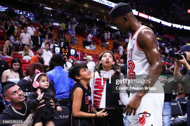 Jimmy Butler of the Miami Heat meets fans after a game against the Orlando Magic at Miami-Dade Arena on January 27, 2023 in Miami, Florida. NOTE TO...