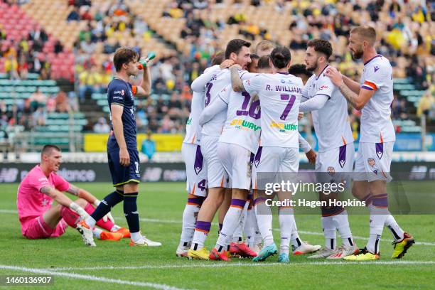 Glory players celebrate the goal of David Williams during the round 14 A-League Men's match between Wellington Phoenix and Perth Glory at Central...