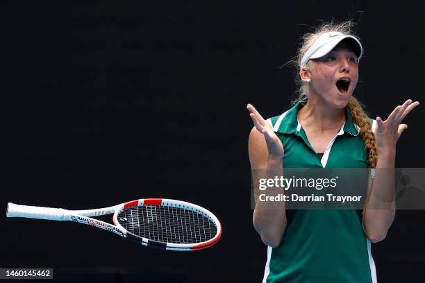 Alina Korneeva celebrates winning championship point in the Junior Girls' Singles Final against Mirra Andreeva during day 13 of the 2023 Australian...