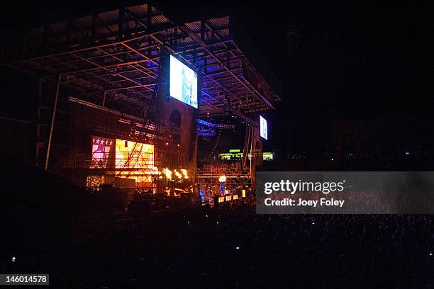 General view of the crowd as Rob Zombie performs live on the Monster Energy Stage during the 2012 Rock On The Range festival at Crew Stadium on May...