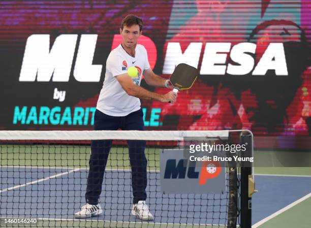 Johnson of the ATX Pickleballers hits a backhand slice volley during the MLP Mesa by Margaritaville Tournament at Legacy Sports USA on January 27,...