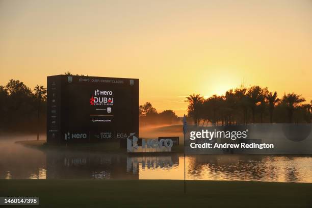 General view across the 9th green as the sun rises ahead of the continuation of Round Two on Day Three of the Hero Dubai Desert Classic at Emirates...