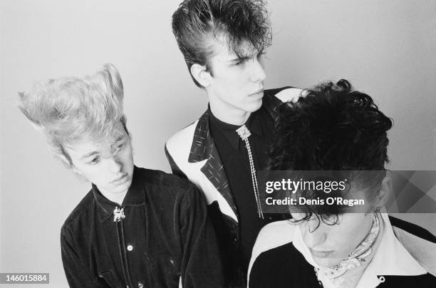 American band Stray Cats, circa 1980. From left to right, they are guitarist and singer Brian Setzer, drummer Slim Jim Phantom and bassist Lee Rocker.