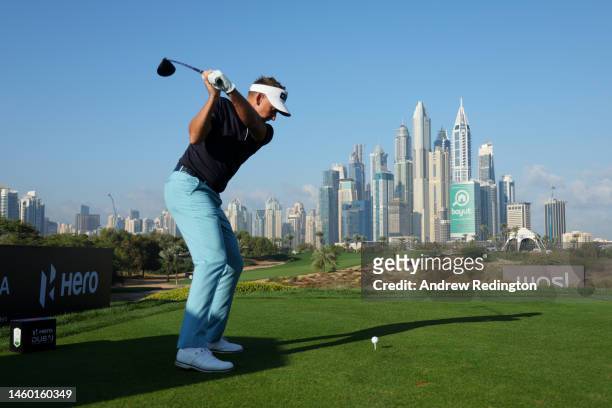 Ian Poulter of England tees off on the 8th hole during the continuation of Round Two on Day Three of the Hero Dubai Desert Classic at Emirates Golf...