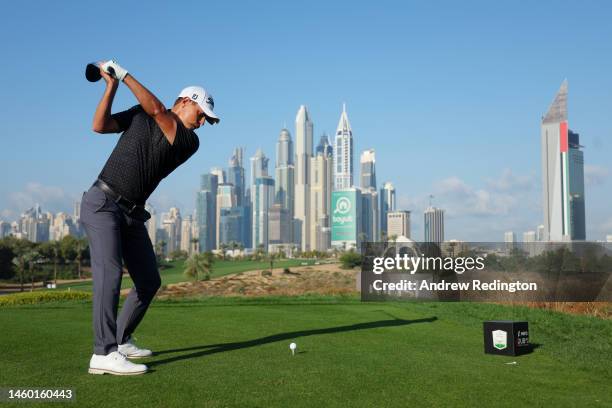 Jason Scrivener of Australia tees off on the 8th hole during the continuation of Round Two on Day Three of the Hero Dubai Desert Classic at Emirates...