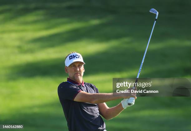 Ian Poulter of England plays his second shot on the ninth hole during the completion of the second round on Day Three of the Hero Dubai Desert...