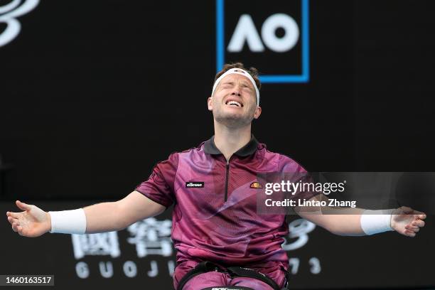 Alfie Hewett of Great Britain celebrates winning championship point in the Men's Wheelchair Singles Final against Tokito Oda of Japan during day 13...