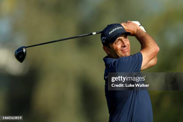 Francesco Molinari of Italy tees off on the 3rd hole during the continuation of Round Two on Day Three of the Hero Dubai Desert Classic at Emirates...