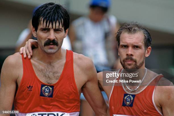 Soviet athletes Aleksandr Potashov and Andrey Perlov at the Men's 50km walk at the World Championships in Athletics at the Olympic Stadium in Tokyo,...