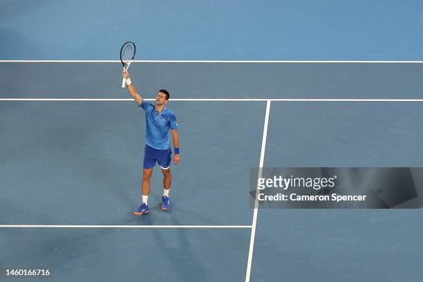 Novak Djokovic of Serbia celebrates after winning the Semifinal singles match against Tommy Paul of the United States during day 12 of the 2023...
