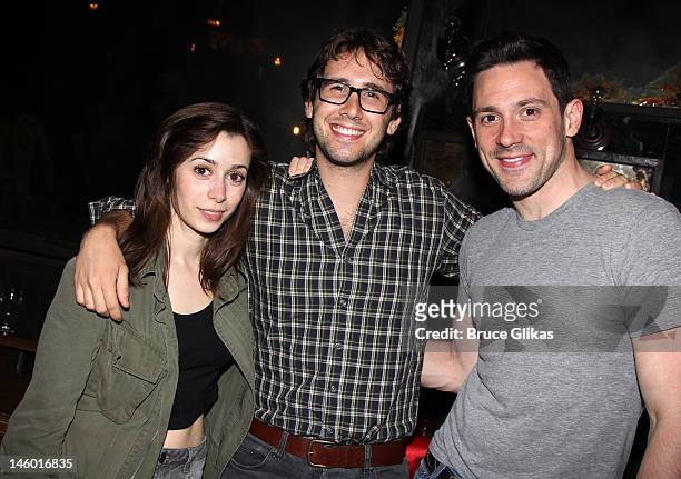 Cristin Milioti, Josh Groban and Steve Kazee pose backstage at the hit musical "Once" on Broadway at The Bernard B. Jacobs Theatre on June 8, 2012 in...