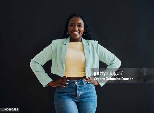 corporate black woman, portrait and smile with fashion, success and leadership by dark background. african businesswoman, entrepreneur and focus with clothes, vision or happiness in marketing career - portrait dark background stock pictures, royalty-free photos & images