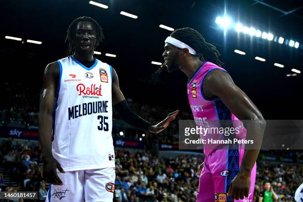 Jarrell Brantley of the New Zealand Breakers talks to David Okwera of Melbourne United during the round 17 NBL match between New Zealand Breakers and...
