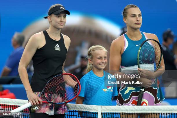 Elena Rybakina of Kazakhstan and Aryna Sabalenka pose ahead of the Women’s Singles Final match during day 13 of the 2023 Australian Open at Melbourne...