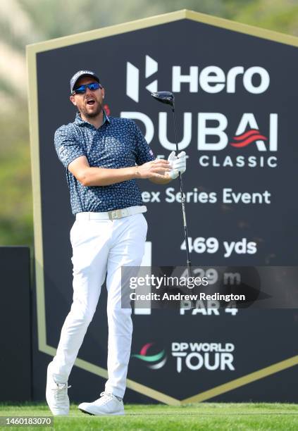 Matthew Southgate of England reacts on the 1st tee during the continuation of Round Two on Day Three of the Hero Dubai Desert Classic at Emirates...