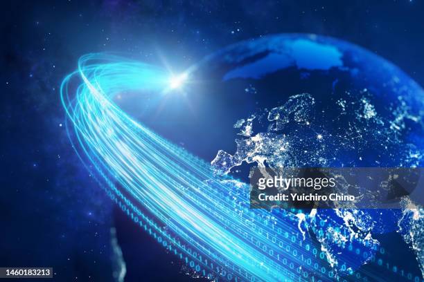 global network communication (world map credit to nasa) - japanese figures nobody stock-fotos und bilder