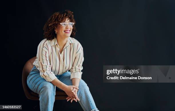 future, chair and woman with idea, goal or confident female entrepreneur on studio background. lady, girl sitting or smile for opportunity, daydreaming or decisions for target, achievement or success - studio shot photos stock pictures, royalty-free photos & images