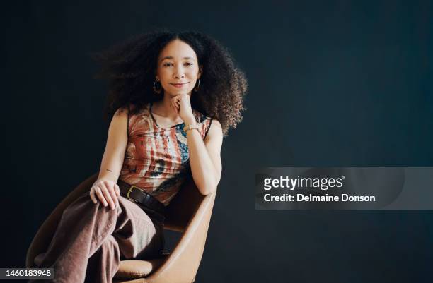 chair, trendy and beautiful black woman isolated on dark background for success, creative vision and mock up space. confident, attitude and smart person portrait for female empowerment on wall mockup - student fashion stock pictures, royalty-free photos & images