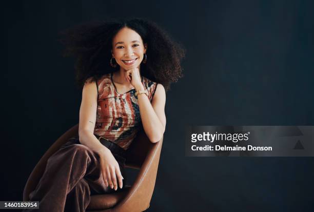 sitting, beautiful and confident black woman isolated on dark background for success, hr vision and mockup space. human resources, smart and intelligent person in a portrait for empowerment mock up - portrait professional dark background stock pictures, royalty-free photos & images