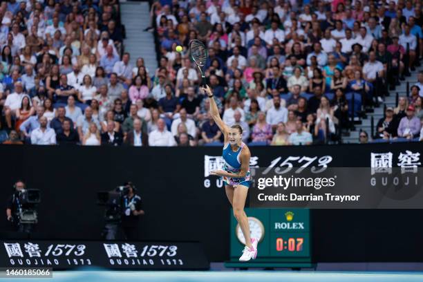 Aryna Sabalenka serves in the Women’s Singles Final match against Elena Rybakina of Kazakhstan during day 13 of the 2023 Australian Open at Melbourne...