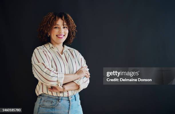 studio portrait of happy black woman with vision, smile and product placement at small business launch. confidence, marketing and advertising news space, woman at startup isolated on dark background. - portrait professional dark background stock pictures, royalty-free photos & images