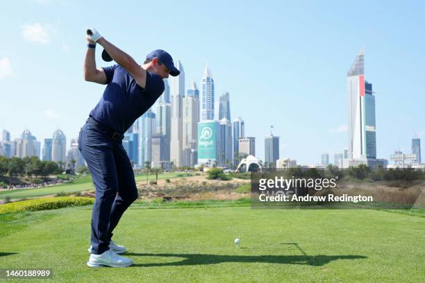 Rory McIlroy of Northern Ireland tees off on the 8th hole during the continuation of Round Two on Day Three of the Hero Dubai Desert Classic at...