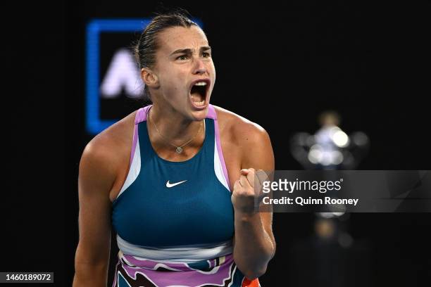 Aryna Sabalenka reacts in the Women’s Singles Final match against Elena Rybakina of Kazakhstan during day 13 of the 2023 Australian Open at Melbourne...