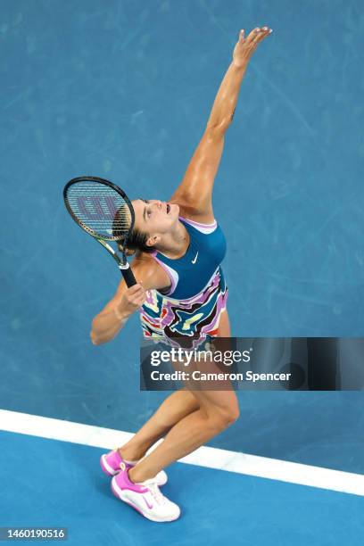 Aryna Sabalenka serves in the Women’s Singles Final match against Elena Rybakina of Kazakhstan during day 13 of the 2023 Australian Open at Melbourne...
