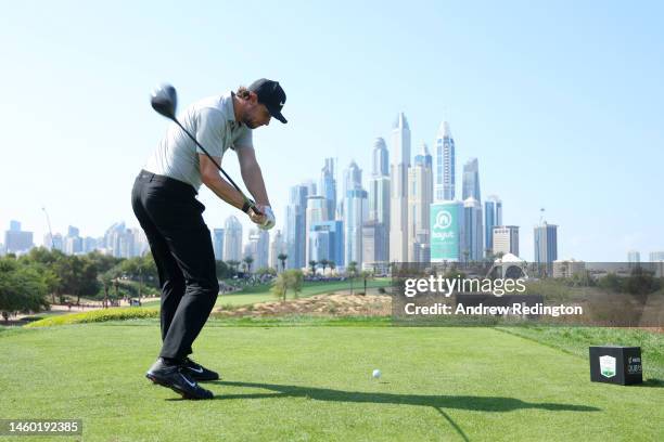 Thomas Pieters of Belgium tees off on the 8th hole during the continuation of Round Two on Day Three of the Hero Dubai Desert Classic at Emirates...