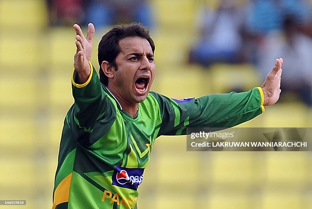 Pakistan spinner Saeed Ajmal makes an un