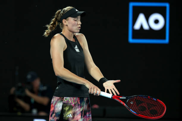 Elena Rybakina of Kazakhstan reacts in the Women’s Singles Final match against Aryna Sabalenka during day 13 of the 2023 Australian Open at Melbourne...