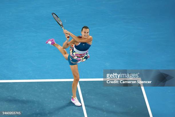 Aryna Sabalenka plays a backhand in the Women’s Singles Final match against Elena Rybakina of Kazakhstan during day 13 of the 2023 Australian Open at...