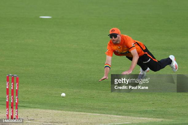 Andrew Tye of the Scorchers looks to run-out Dan Christian of the Sixers during the Men's Big Bash League match between the Perth Scorchers and the...