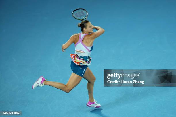 Aryna Sabalenka plays a forehand in the Women’s Singles Final match against Elena Rybakina of Kazakhstan during day 13 of the 2023 Australian Open at...
