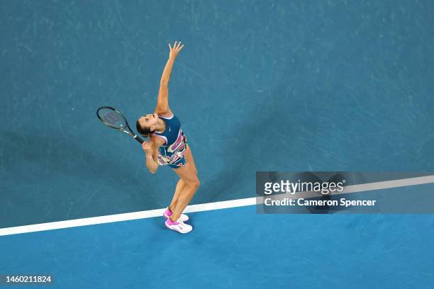 Aryna Sabalenka serves in the Women’s Singles Final match against Elena Rybakina of Kazakhstan during day 13 of the 2023 Australian Open at Melbourne...
