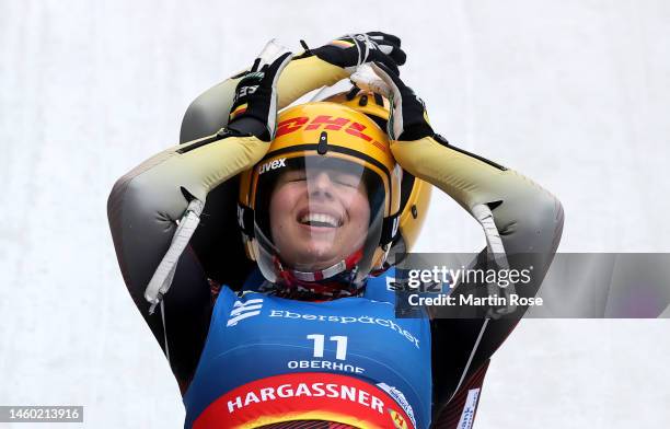 Jessica Degenhardt and Chayenne Rosenthal of Germany celebrate winning the gold medal during the Women's Doubles Run 2 during day 2 of the FIL Luge...