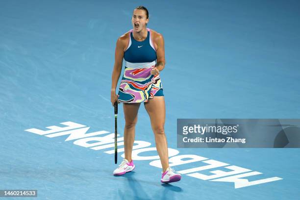 Aryna Sabalenka reacts in the Women’s Singles Final match against Elena Rybakina of Kazakhstan during day 13 of the 2023 Australian Open at Melbourne...