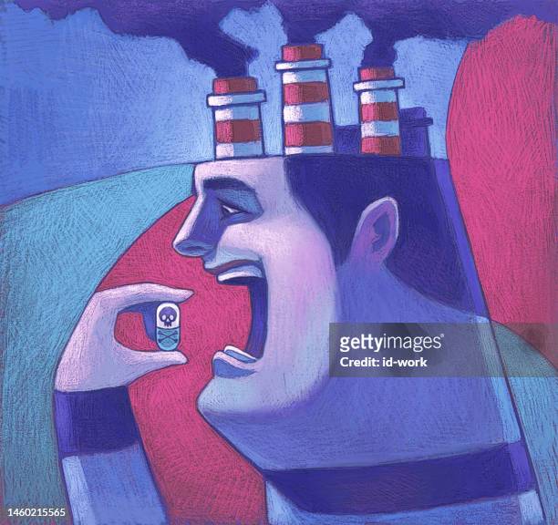 man taking skull pill and chimneys smoking on head - climate change health stock illustrations