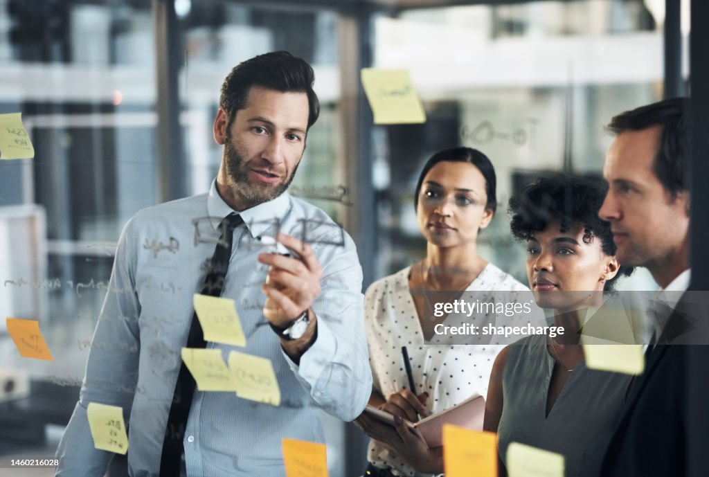 Business people, manager and planning notes on glass of schedule, goals and agenda. Mentor, teamwork and brainstorming ideas on window for solution, strategy and corporate training in startup company