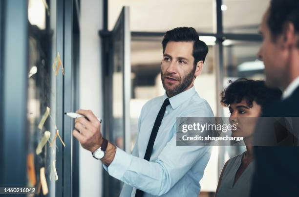 businessman, leadership and planning notes on glass of schedule, company goals and agenda. coaching, teamwork and brainstorming ideas on window for solution, strategy and training in corporate office - new business development stock pictures, royalty-free photos & images