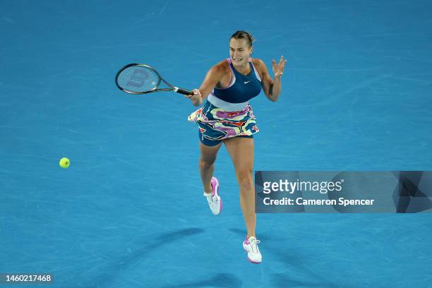 Aryna Sabalenka plays a forehand in the Women’s Singles Final match against Elena Rybakina of Kazakhstan during day 13 of the 2023 Australian Open at...