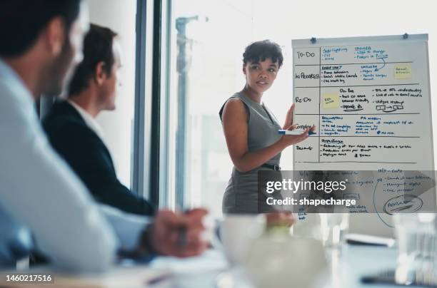 presentation, whiteboard and black woman in leadership of meeting, coaching or workshop. training, seminar and female speaker planning notes, schedule and brainstorming target goals for business team - business strategy whiteboard stock pictures, royalty-free photos & images