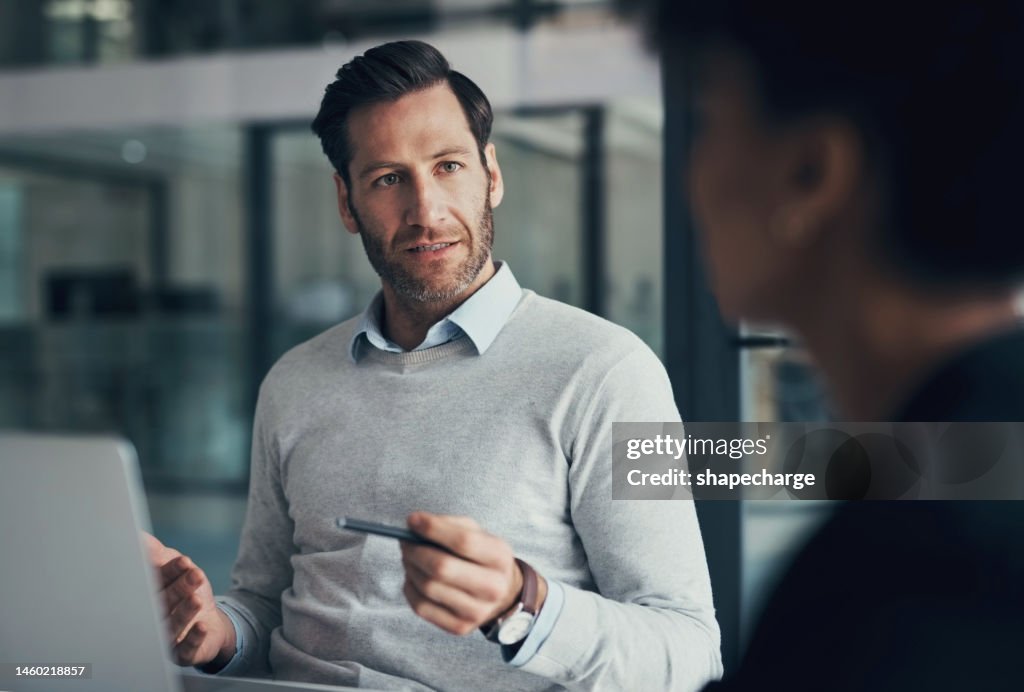 Interview, strategy and corporate people or manager in b2b discussion, speaking and business management meeting. Boss, employer or executive planning workflow, company target and employee listening