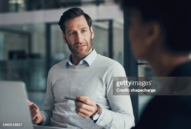 interview, strategy and corporate people or manager in b2b discussion, speaking and business management meeting. boss, employer or executive planning workflow, company target and employee listening - financieel adviseur stockfoto's en -beelden