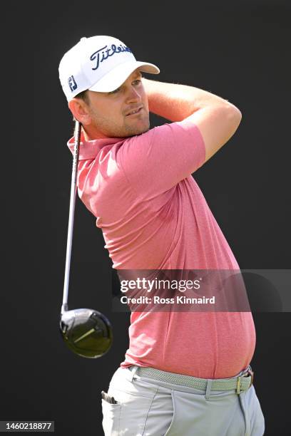 Bernd Wiesberger of Austria tees off on the 2nd hole during the continuation of Round Two on Day Three of the Hero Dubai Desert Classic at Emirates...