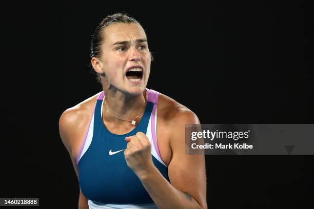 Aryna Sabalenka reacts in the Women’s Singles Final match against Elena Rybakina of Kazakhstan during day 13 of the 2023 Australian Open at Melbourne...