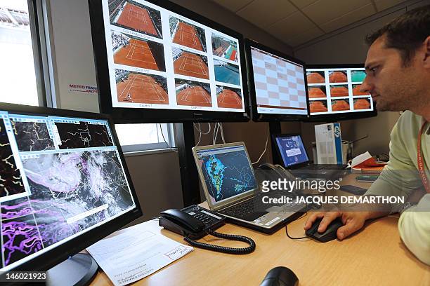 Person looks at control screens at the meteorological center of the French Open tennis tournament at the Roland Garros stadium, on June 9, 2012 in...