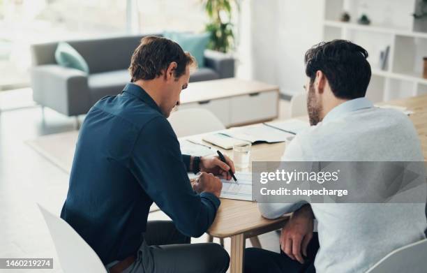 teamwork, finance and investment with a man meeting his broker while talking about portfolio growth. collaboration, accounting or wealth management with a male employee and trading advisor at work - audit stock pictures, royalty-free photos & images